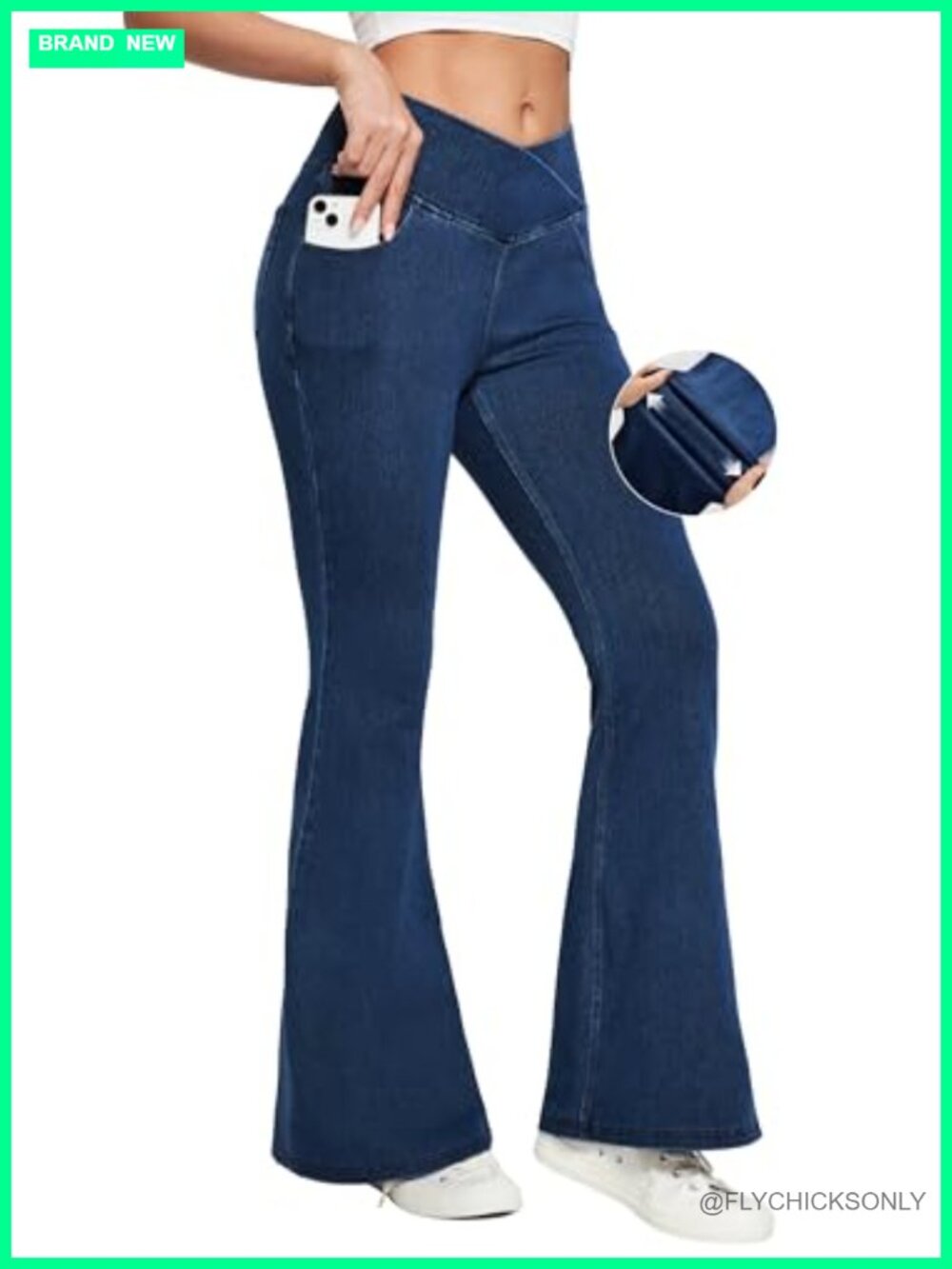 Flare Bell Bottom Jeans High Waisted Stretchy Pull On Crossover Tummy Control